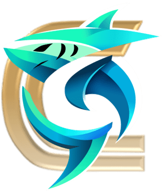 A graphic of a stylized blue shark forming an "S" shape, overlaid on a gold letter "C" with a white background.